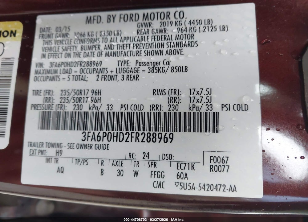 2015 FORD FUSION SE VIN: 3FA6P0HD2FR288969