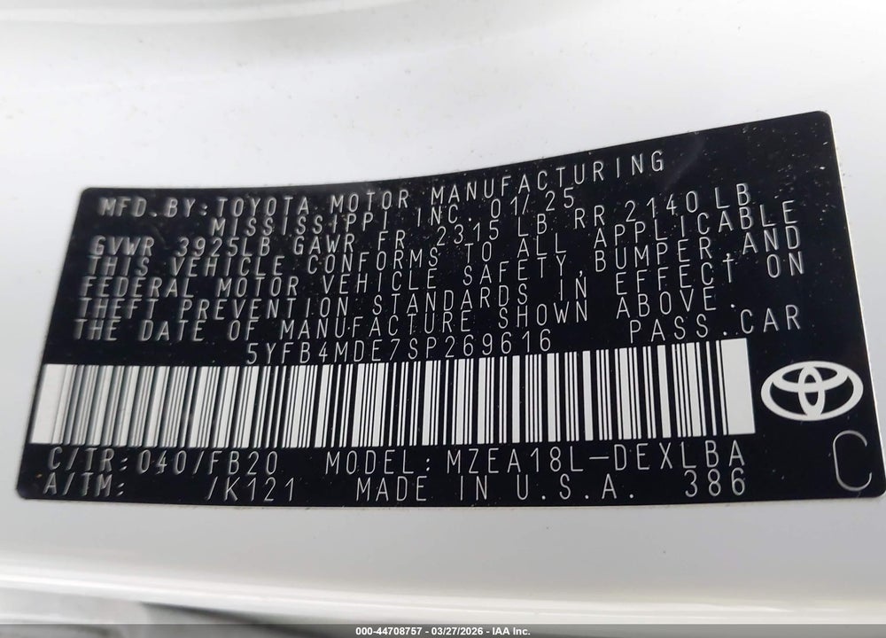2025 TOYOTA COROLLA LE VIN: 5YFB4MDE7SP269616
