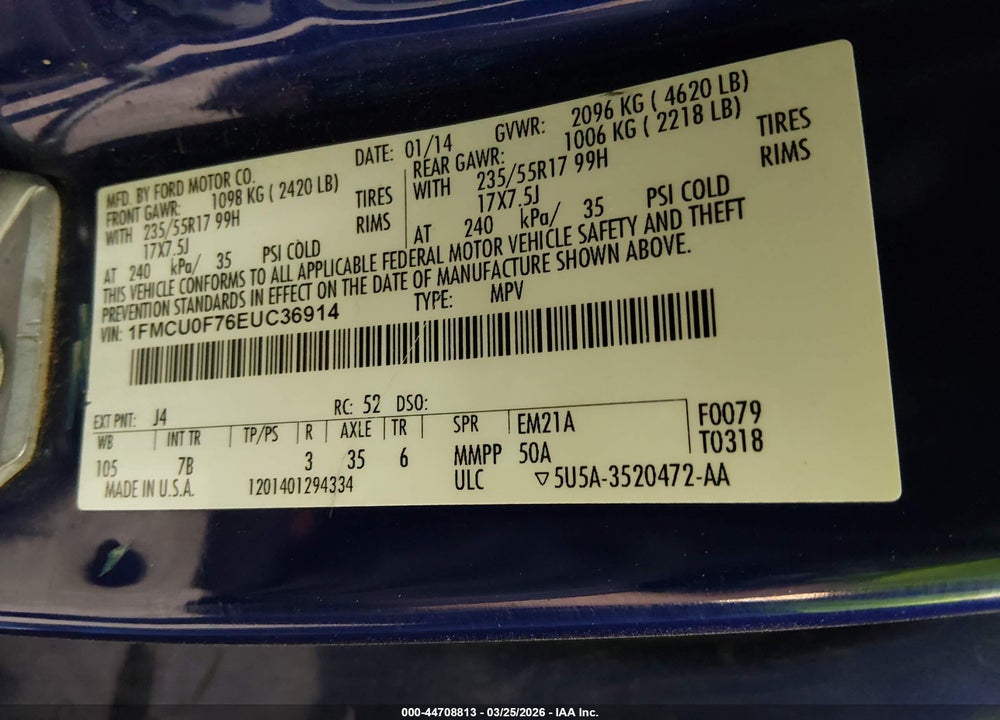 2014 FORD ESCAPE S VIN: 1FMCU0F76EUC36914