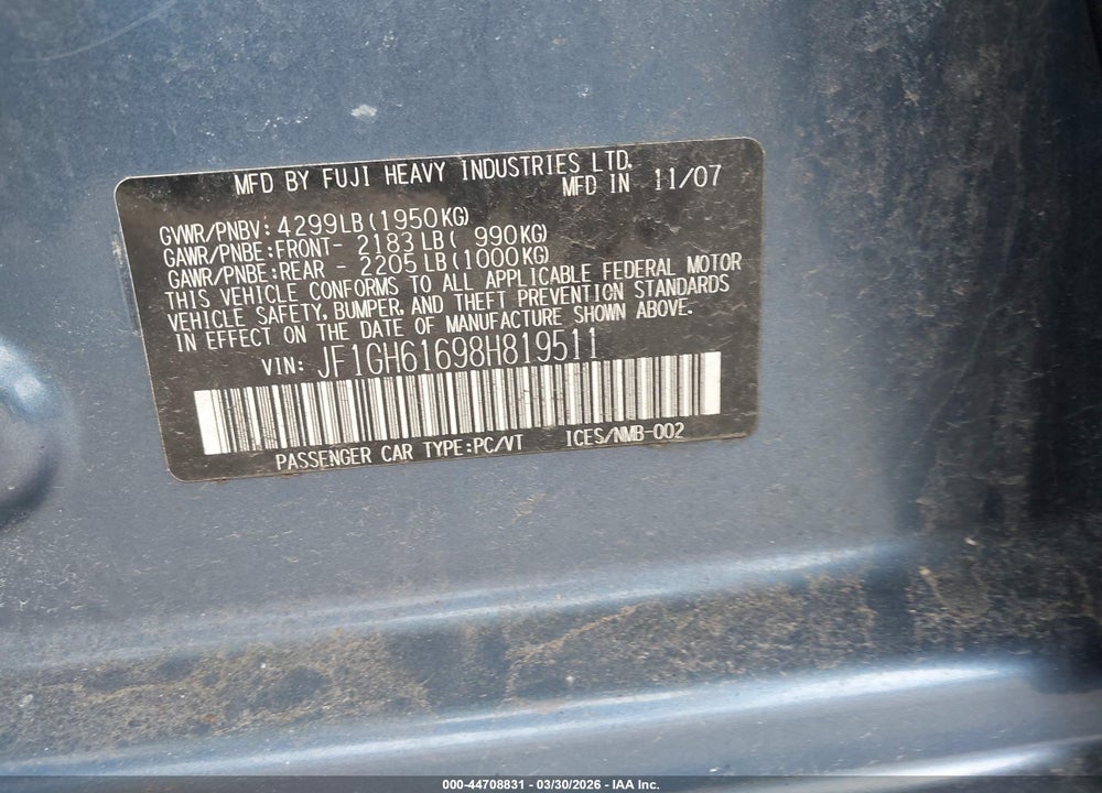 2008 SUBARU IMPREZA 2.5I VIN: JF1GH61698H819511