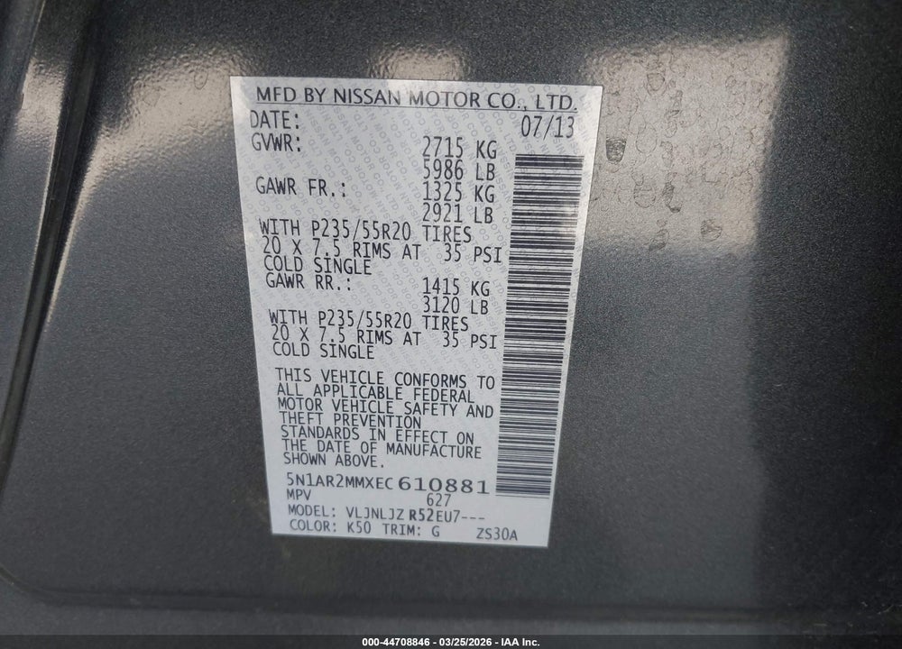 2014 NISSAN PATHFINDER PLATINUM VIN: 5N1AR2MMXEC610881