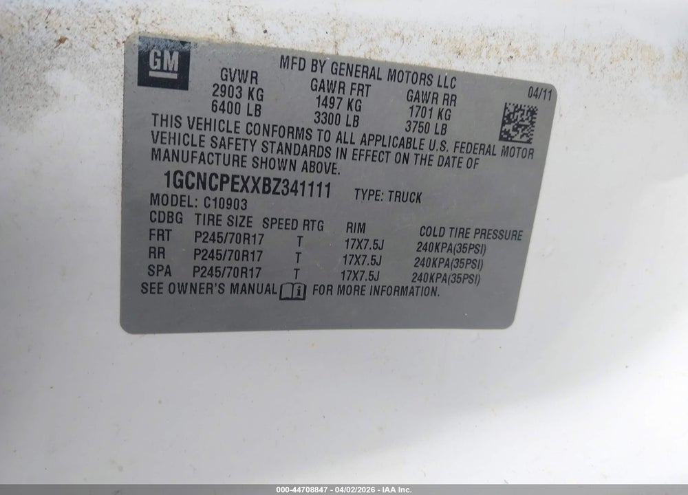 2011 CHEVROLET SILVERADO 1500 WORK TRUCK VIN: 1GCNCPEXXBZ341111