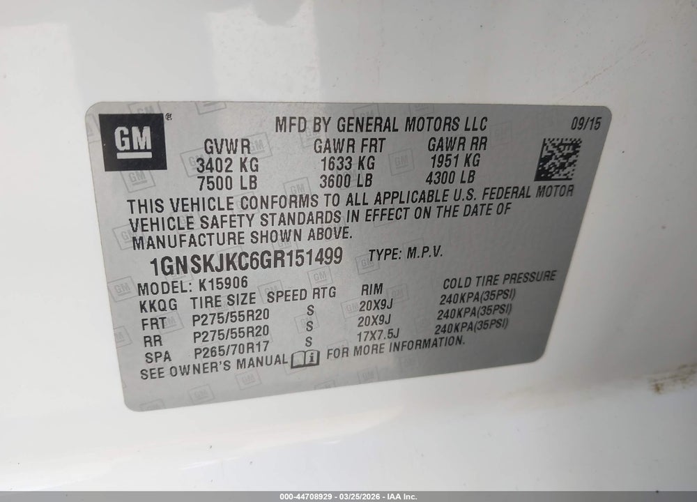 2016 CHEVROLET SUBURBAN LTZ VIN: 1GNSKJKC6GR151499