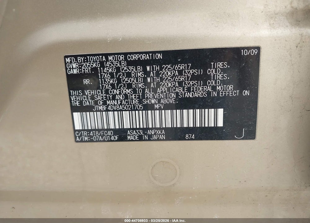 2010 TOYOTA RAV4 VIN: JTMBF4DV8A5021705