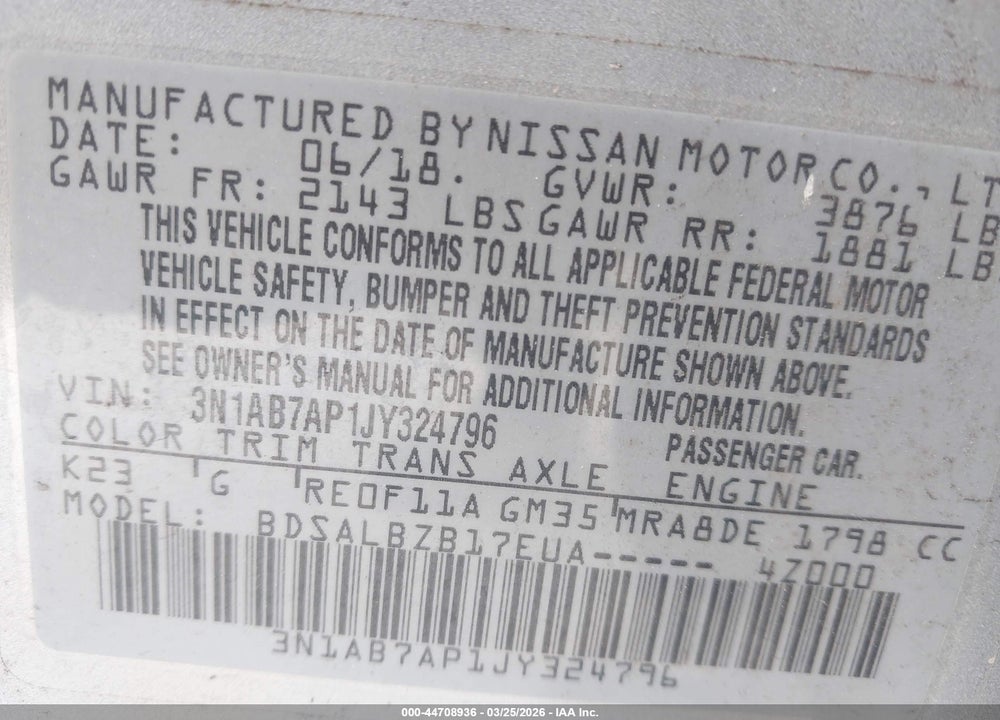 2018 NISSAN SENTRA S VIN: 3N1AB7AP1JY324796