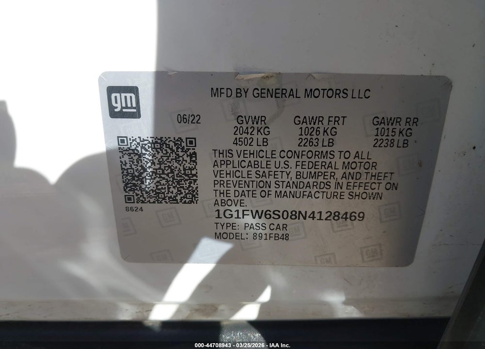 2022 CHEVROLET BOLT EV FWD 1LT VIN: 1G1FW6S08N4128469