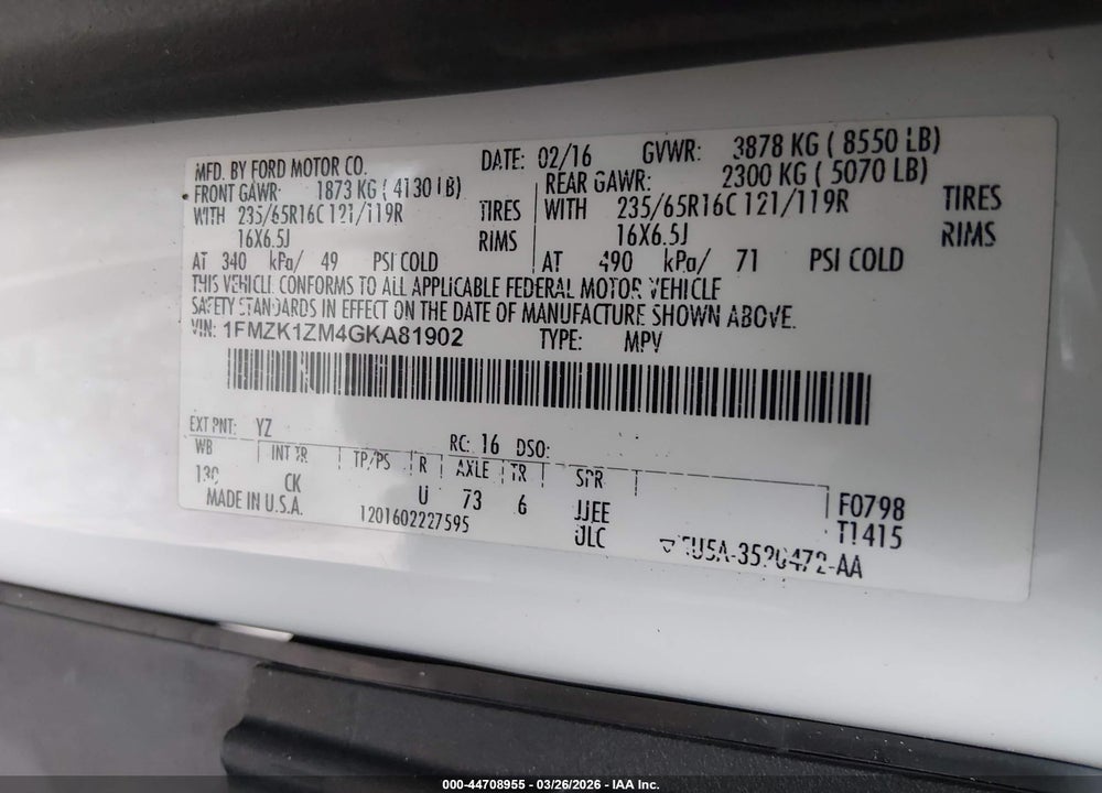 2016 FORD TRANSIT XL VIN: 1FMZK1ZM4GKA81902