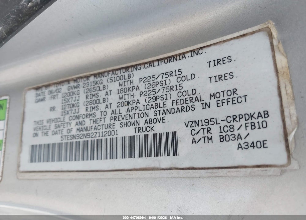 2002 TOYOTA TACOMA VIN: 5TESN92N92Z112001