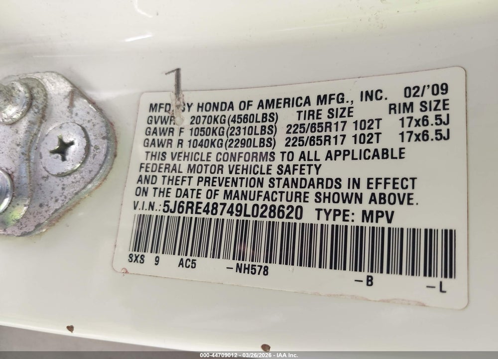 2009 HONDA CR-V EX-L VIN: 5J6RE48749L028620
