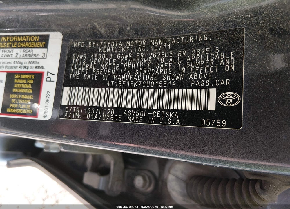2012 TOYOTA CAMRY SE VIN: 4T1BF1FK7CU015514