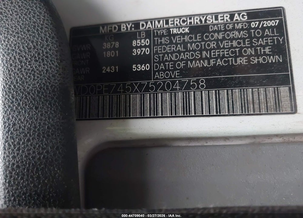 2007 DODGE SPRINTER VAN 2500 VIN: WD0PE745X75204758