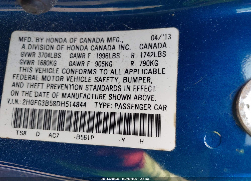 2013 HONDA CIVIC LX VIN: 2HGFG3B58DH514844