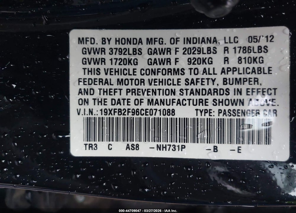 2012 HONDA CIVIC EX-L VIN: 19XFB2F96CE071088