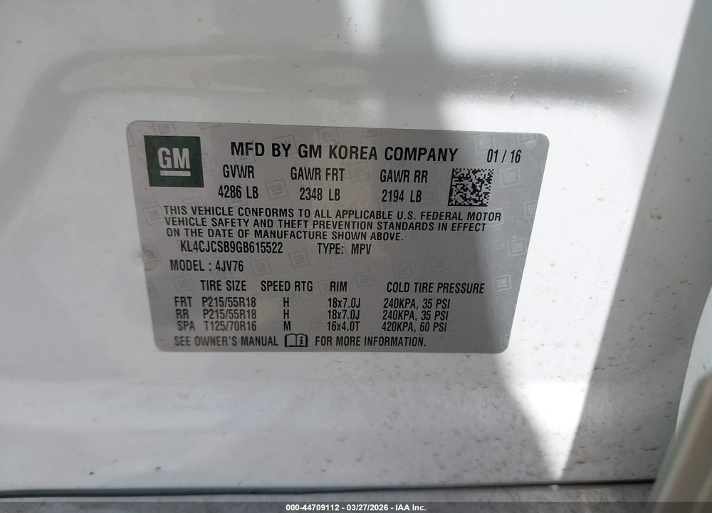 2016 BUICK ENCORE LEATHER VIN: KL4CJCSB9GB615522
