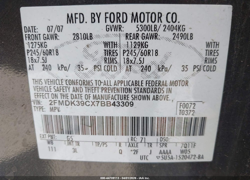 2007 FORD EDGE SEL PLUS VIN: 2FMDK39CX7BB43309