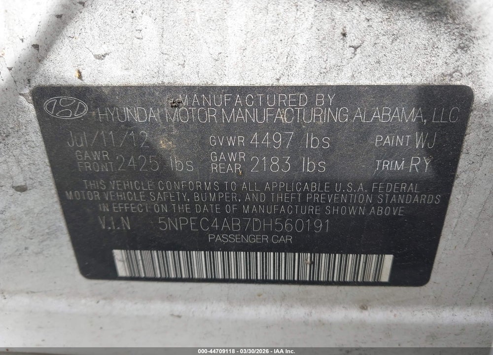 2013 HYUNDAI SONATA SE 2.0T VIN: 5NPEC4AB7DH560191