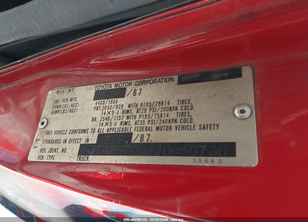 1988 TOYOTA PICKUP XTRACAB RN70 DLX VIN: JT4RN70D2J0050730