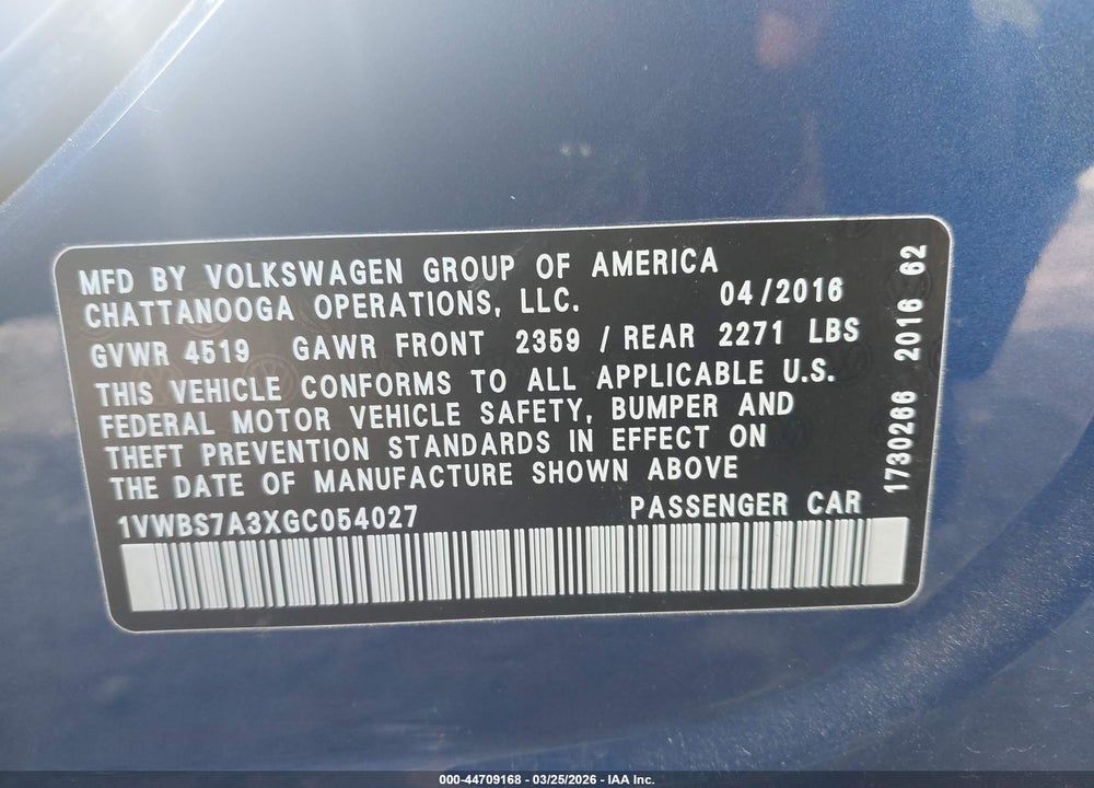2016 VOLKSWAGEN PASSAT 1.8T SE VIN: 1VWBS7A3XGC054027