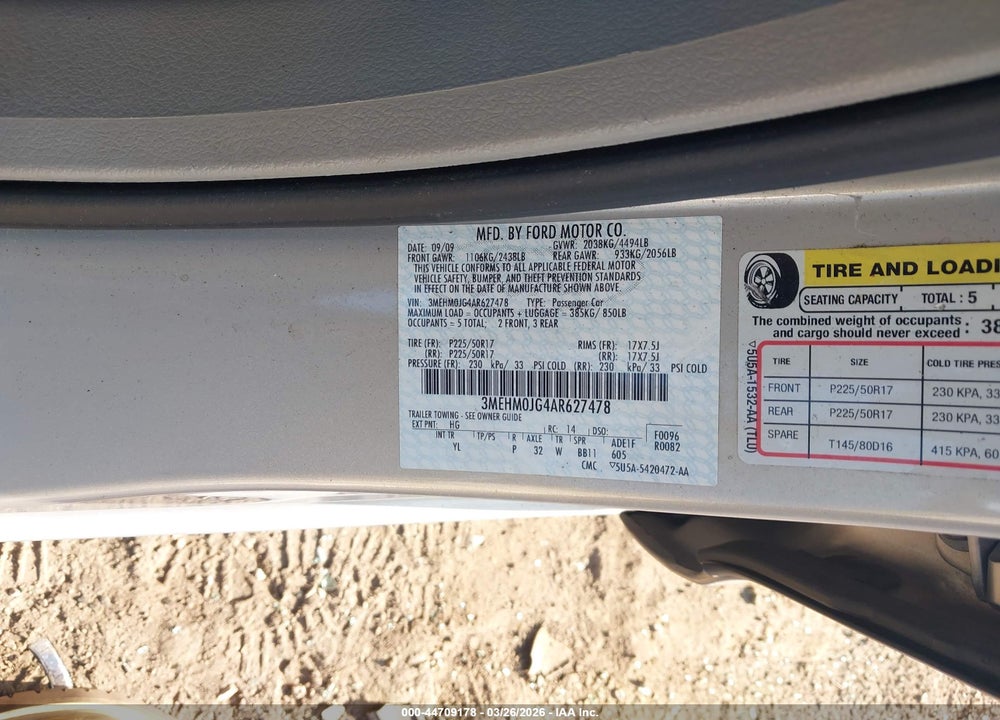 2010 MERCURY MILAN PREMIER VIN: 3MEHM0JG4AR627478