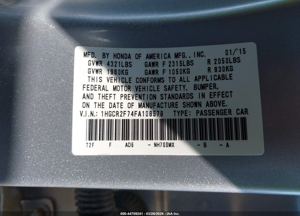 2015 HONDA ACCORD EX VIN: 1HGCR2F74FA108578