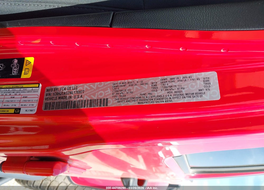 2022 JEEP GLADIATOR VIN: 1C6HJTAG2NL176977