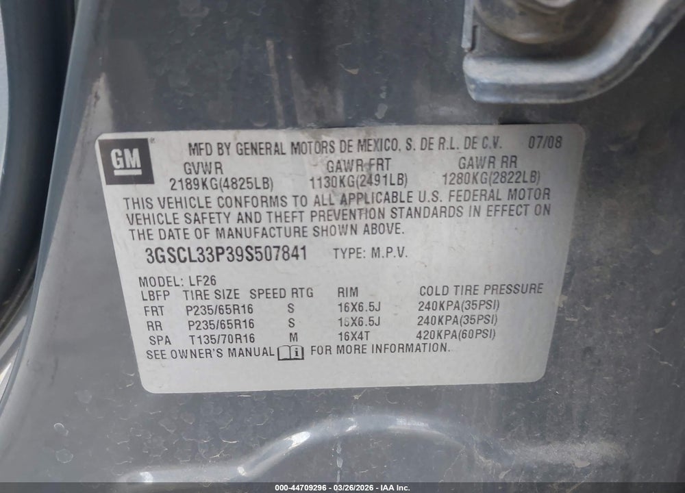 2009 SATURN VUE 4-CYL XE VIN: 3GSCL33P39S507841