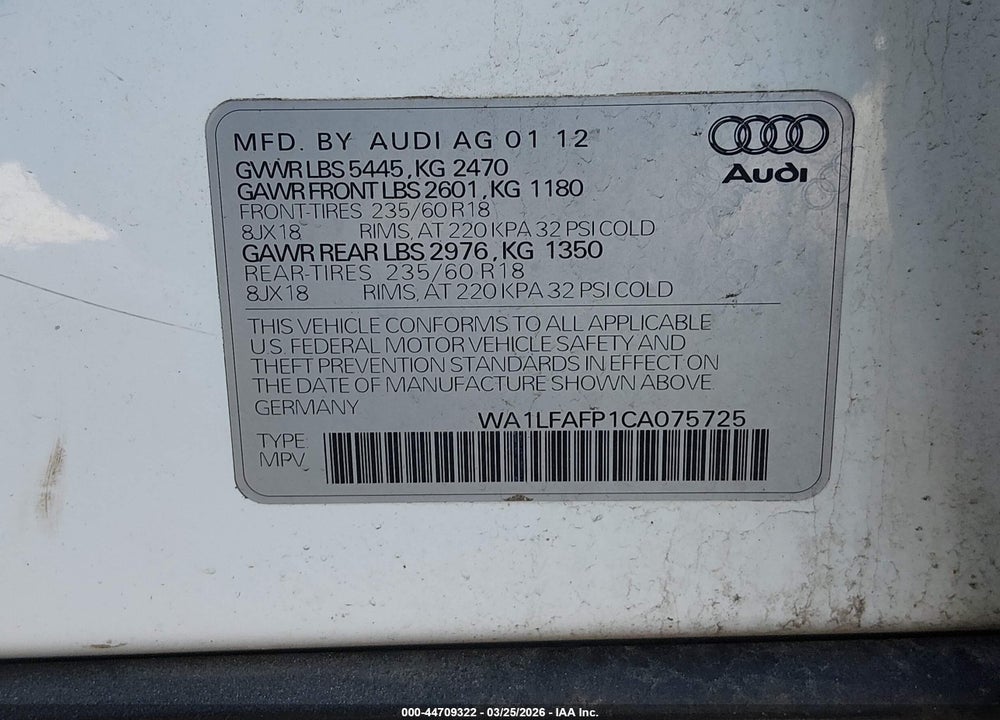 2012 AUDI Q5 2.0T PREMIUM VIN: WA1LFAFP1CA075725