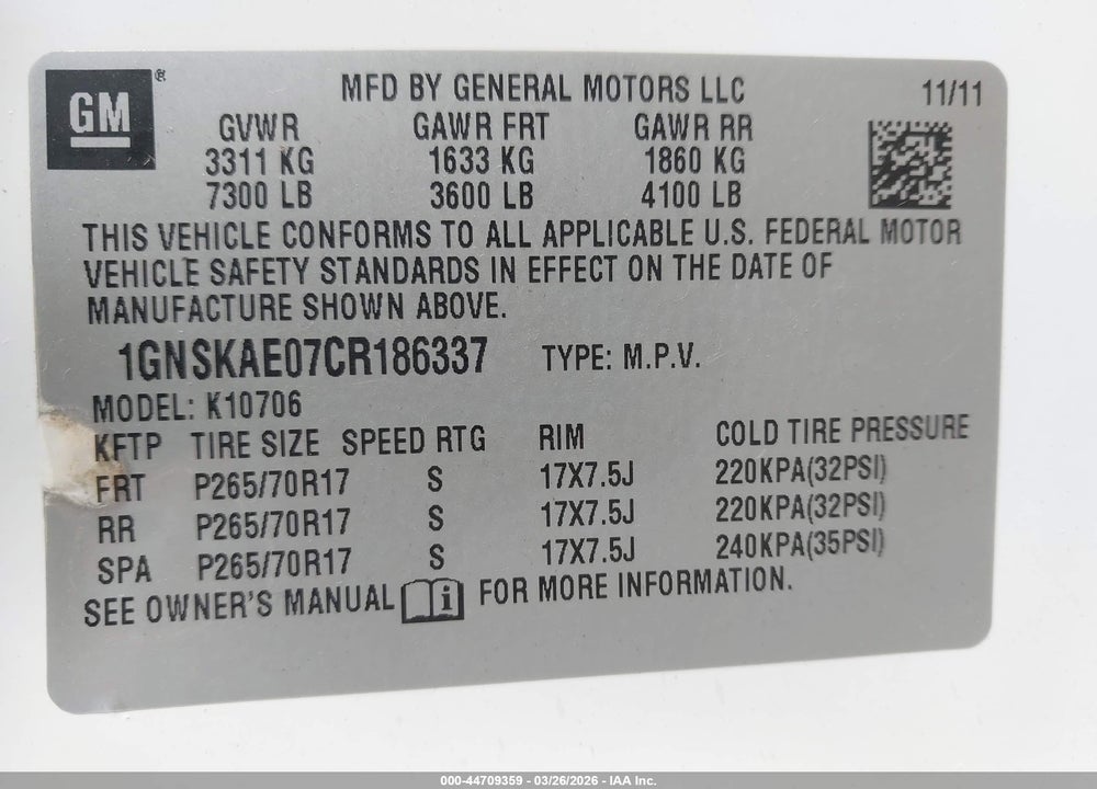 2012 CHEVROLET TAHOE LS VIN: 1GNSKAE07CR186337