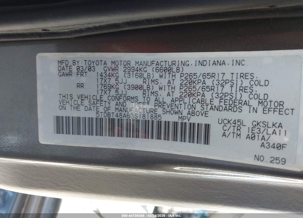 2003 TOYOTA SEQUOIA LIMITED V8 VIN: 5TDBT48A63S181885