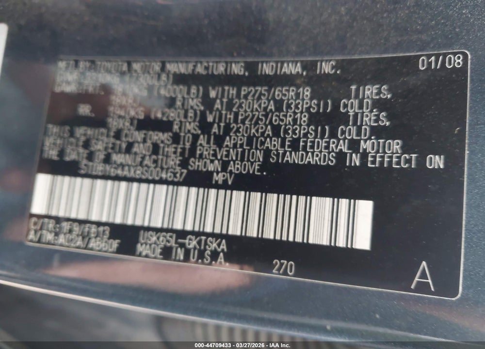 2008 TOYOTA SEQUOIA SR5 5.7L V8 VIN: 5TDBY64AX8S004637
