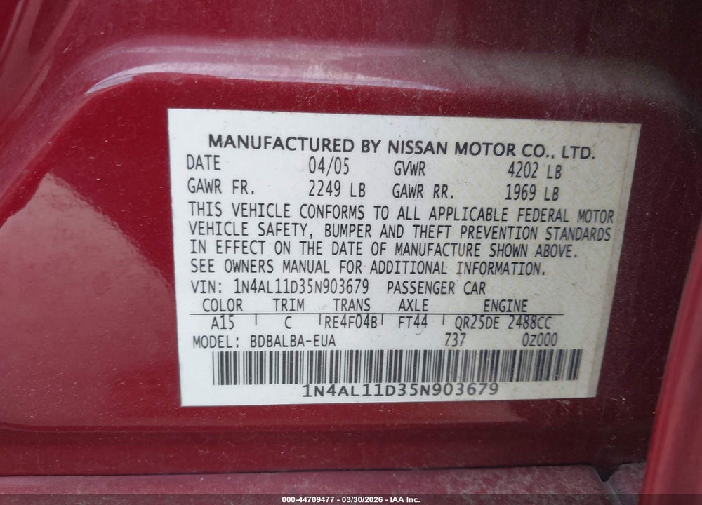 2005 NISSAN ALTIMA 2.5 S VIN: 1N4AL11D35N903679