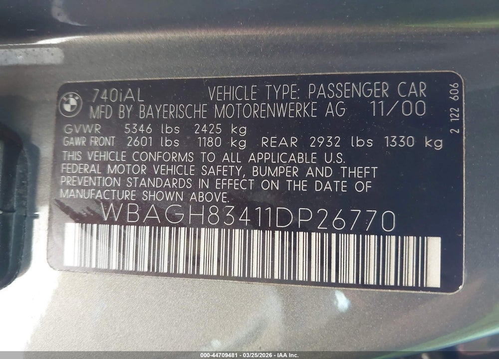 2001 BMW 740IL VIN: WBAGH83411DP26770