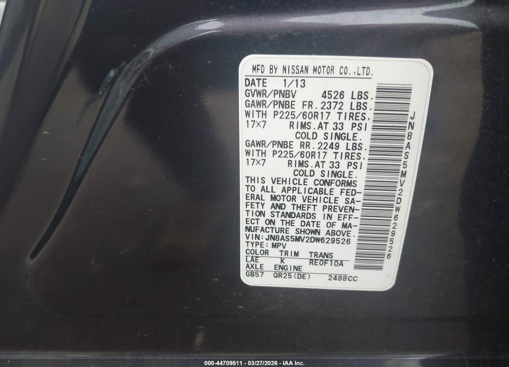 2013 NISSAN ROGUE SV VIN: JN8AS5MV2DW629526