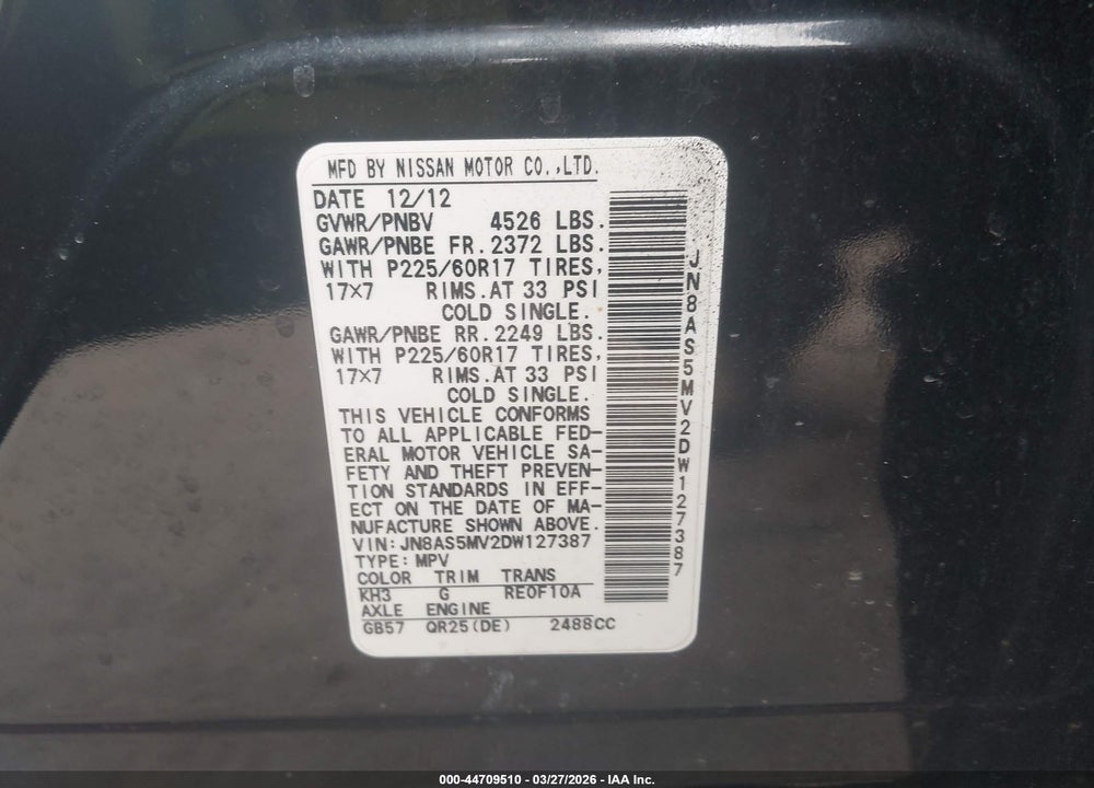 2013 NISSAN ROGUE SV VIN: JN8AS5MV2DW127387