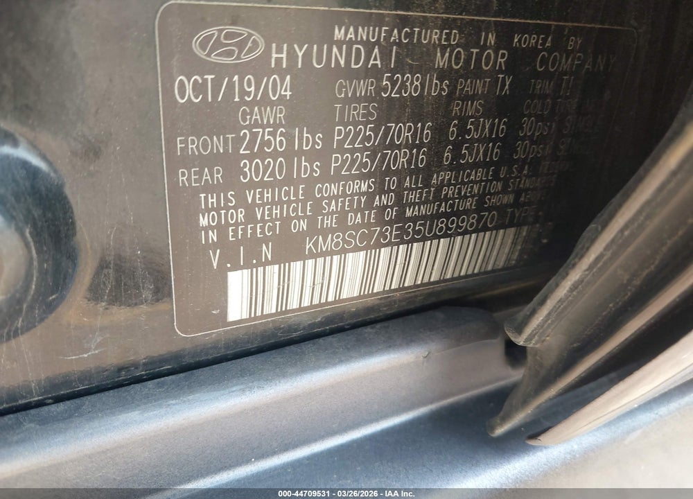 2005 HYUNDAI SANTA FE GLS/LX VIN: KM8SC73E35U899870