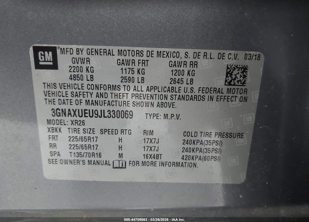 2018 CHEVROLET EQUINOX LT VIN: 3GNAXUEU9JL330069