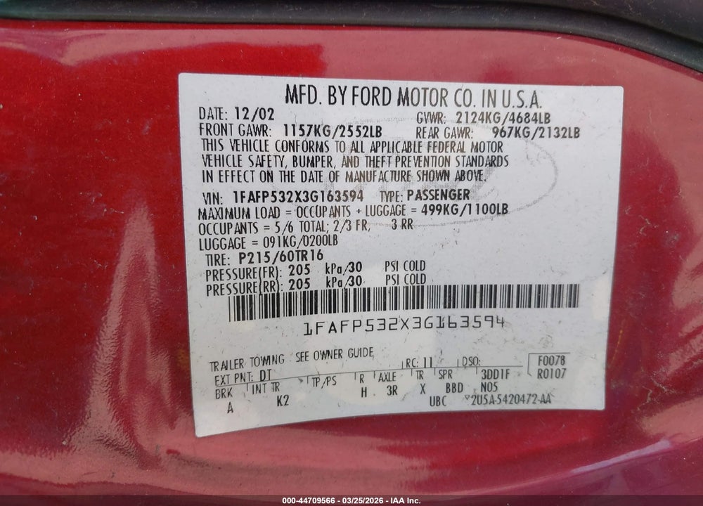 2003 FORD TAURUS SE VIN: 1FAFP532X3G163594