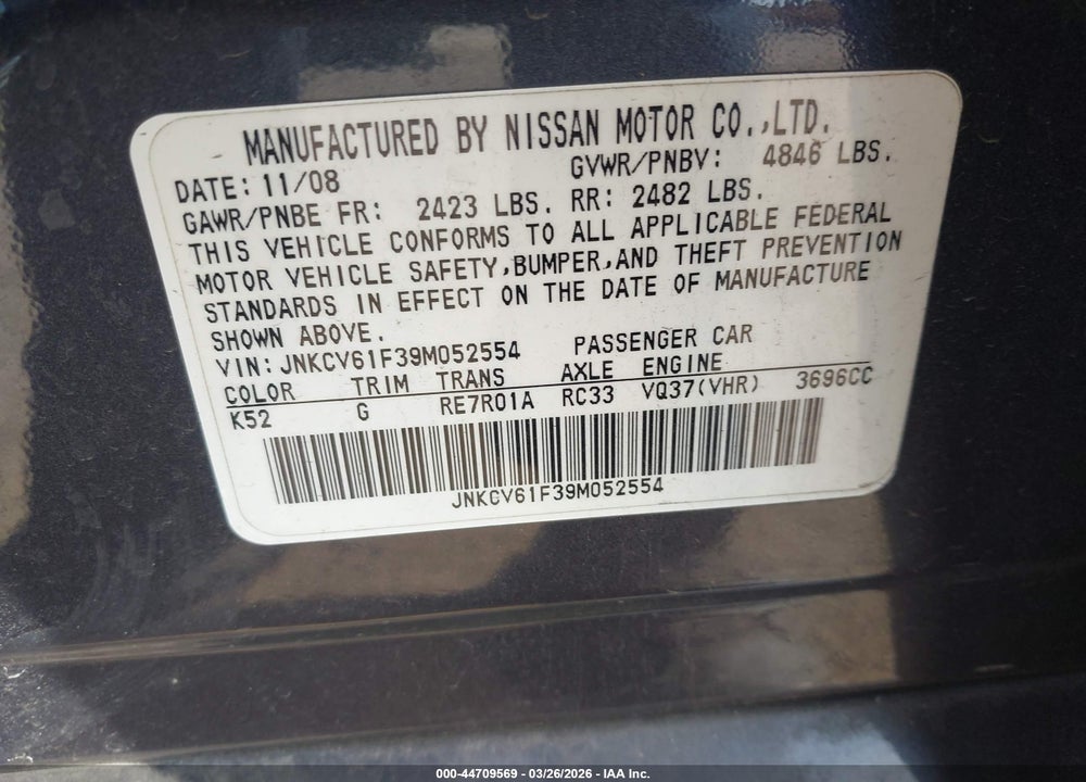 2009 INFINITI G37X VIN: JNKCV61F39M052554