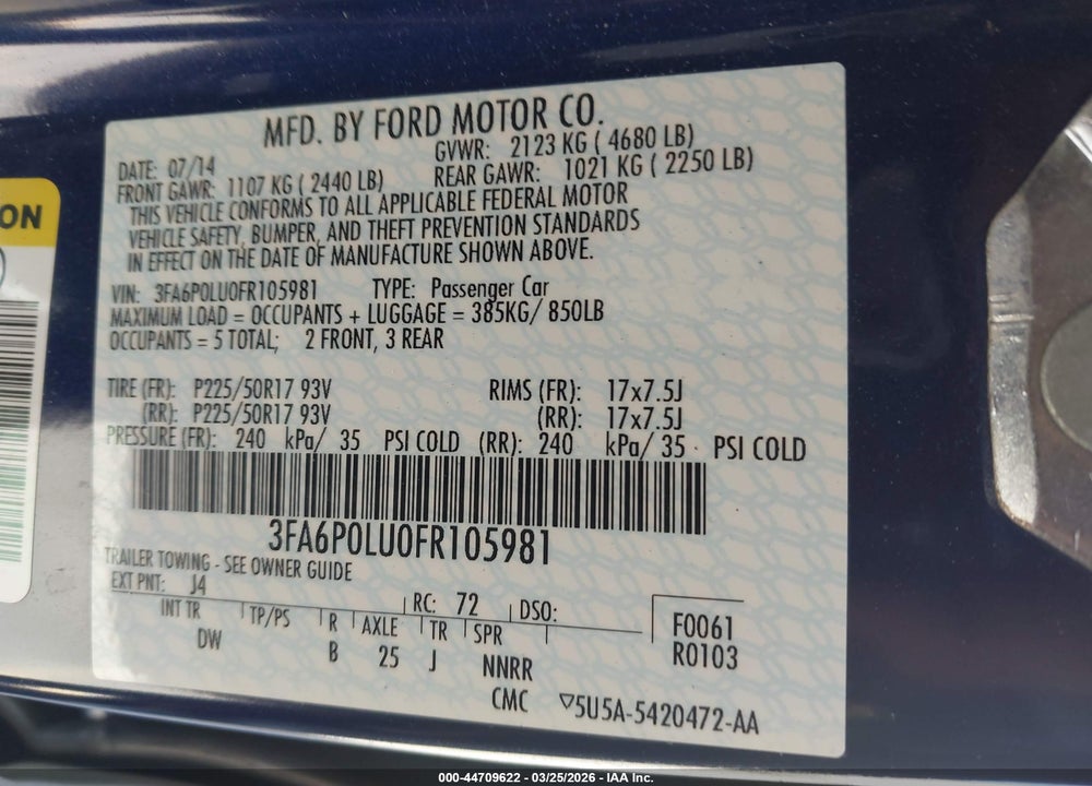 2015 FORD FUSION HYBRID SE VIN: 3FA6P0LU0FR105981