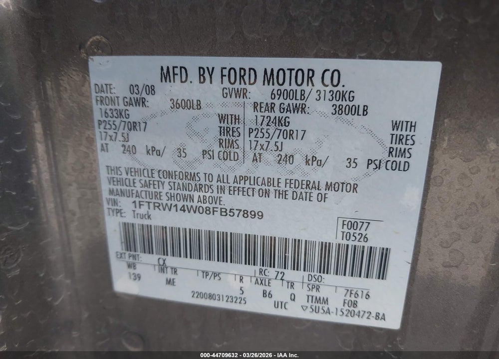 2008 FORD F-150 60TH ANNIVERSARY/XL/XLT VIN: 1FTRW14W08FB57899