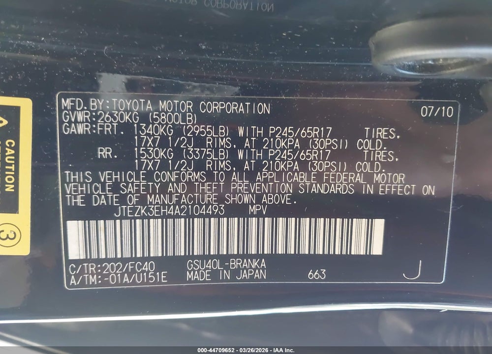2010 TOYOTA HIGHLANDER BASE V6 VIN: JTEZK3EH4A2104493