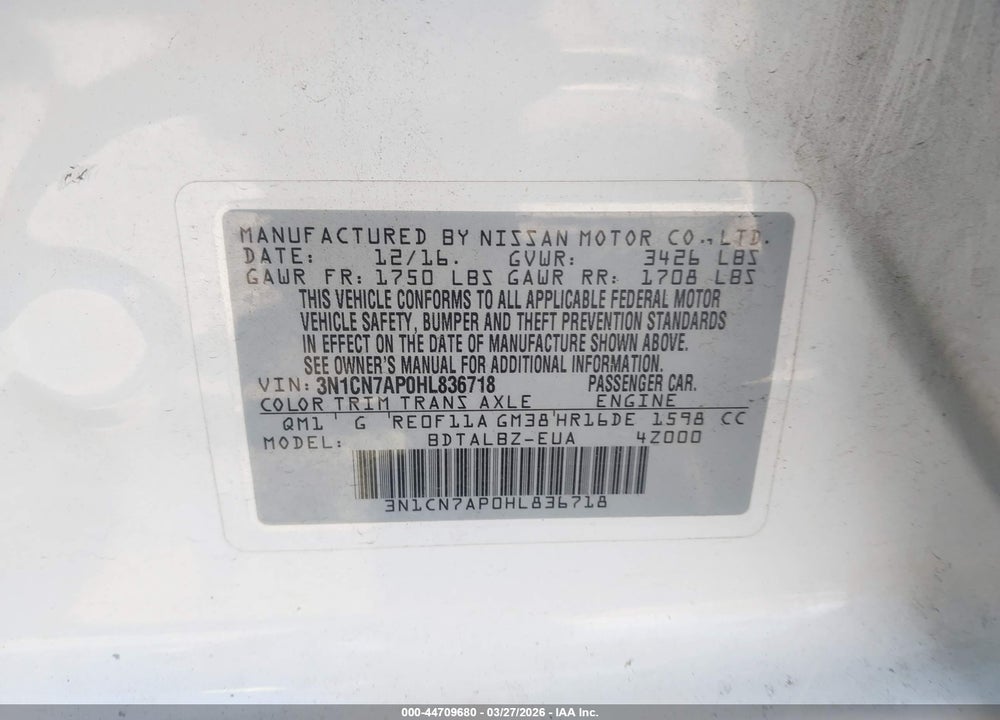 2017 NISSAN VERSA 1.6 SV VIN: 3N1CN7AP0HL836718