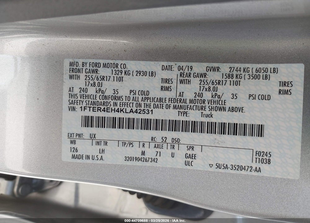2019 FORD RANGER XLT VIN: 1FTER4EH4KLA42531