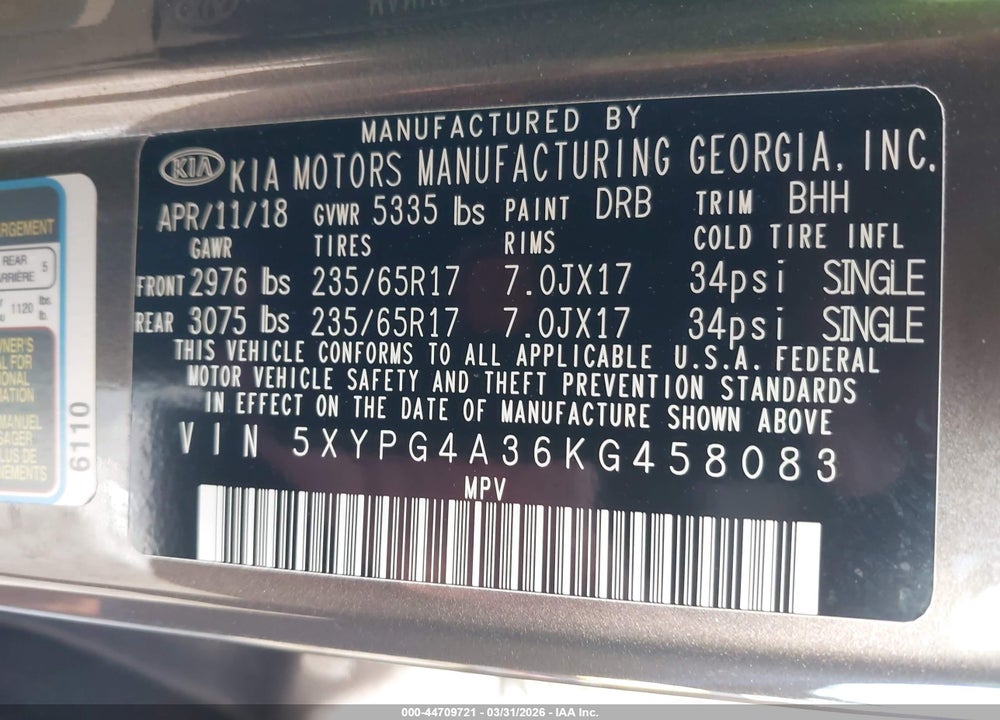 2019 KIA SORENTO 2.4L LX VIN: 5XYPG4A36KG458083