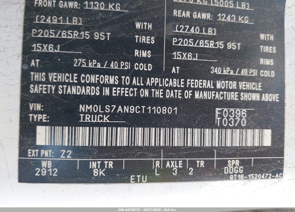 2012 FORD TRANSIT CONNECT XL VIN: NM0LS7AN9CT110801