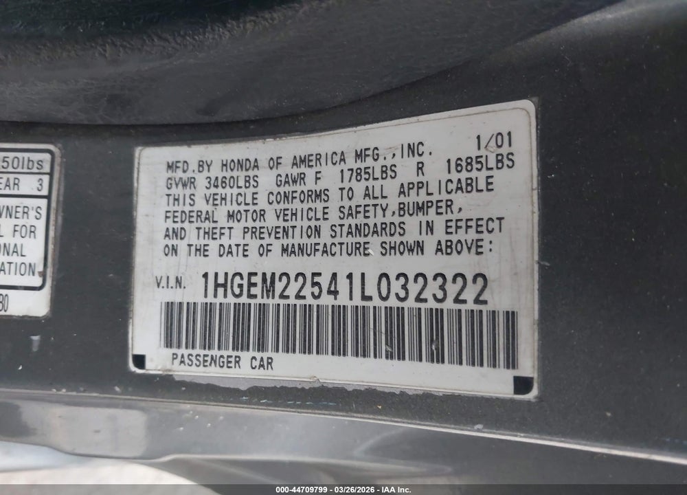 2001 HONDA CIVIC LX VIN: 1HGEM22541L032322