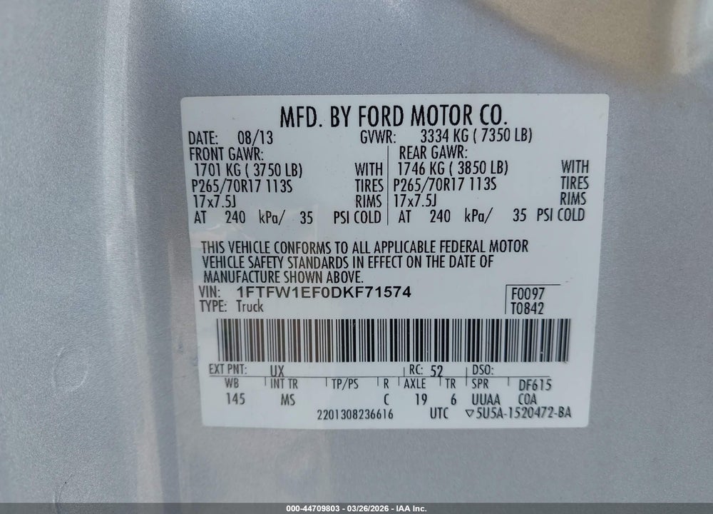 2013 FORD F-150 XLT VIN: 1FTFW1EF0DKF71574