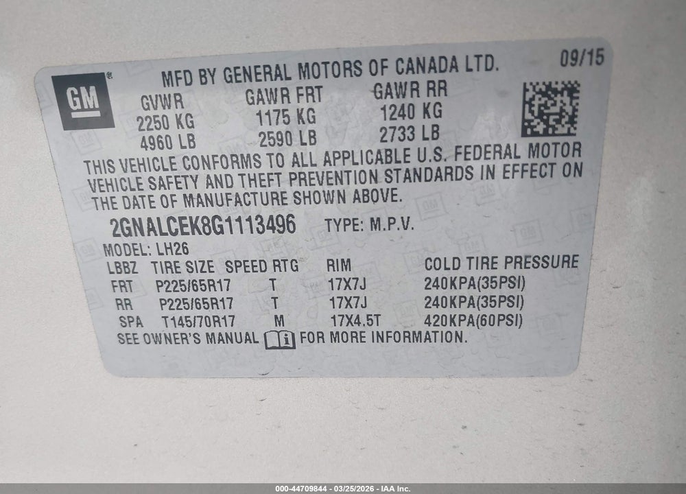 2016 CHEVROLET EQUINOX LT VIN: 2GNALCEK8G1113496
