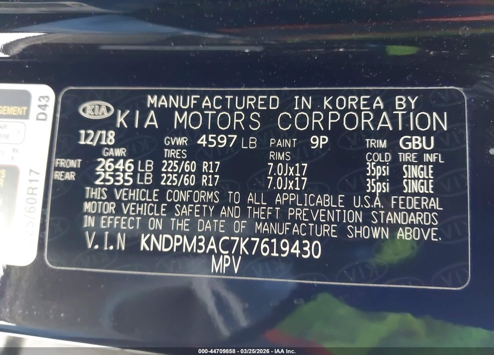 2019 KIA SPORTAGE LX VIN: KNDPM3AC7K7619430