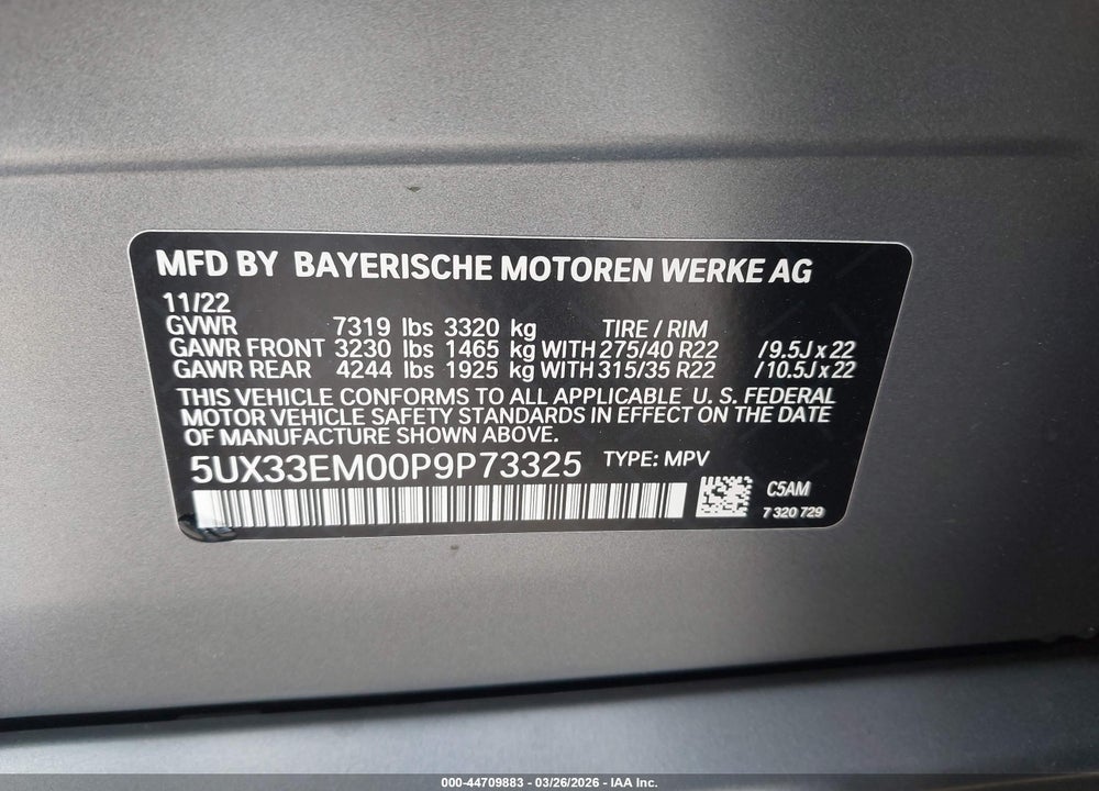 2023 BMW X7 M60I VIN: 5UX33EM00P9P73325